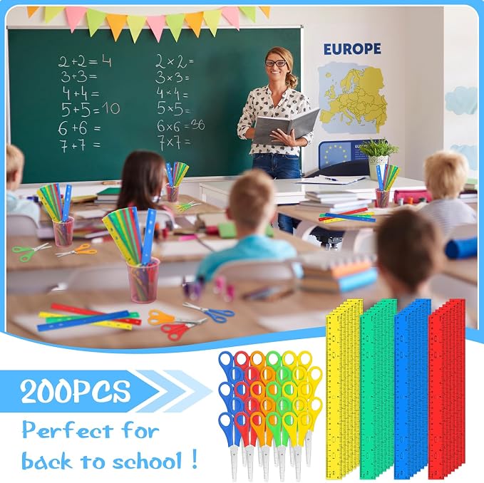 PerKoop 200 Pcs School Supplies with 100 Pcs Safety Blunt Tip Student Scissors 100 Pcs 12 Inch Plastic Rulers Back to School Supply Kit for Operation Christmas Charity Donation Supplies (Bright Color)