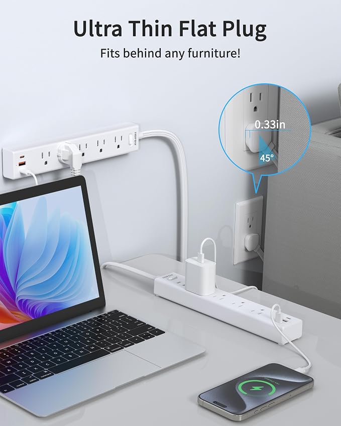2 Pack Power Strip Surge Protector, 10 Ft Ultra Thin Flat Plug Extension Cord, Surge Protector with 5 Outlets & 3 USB Ports (2 USB C), 1700 Joules, 3-Prong, Wall Mount for Home Office Dorm, White