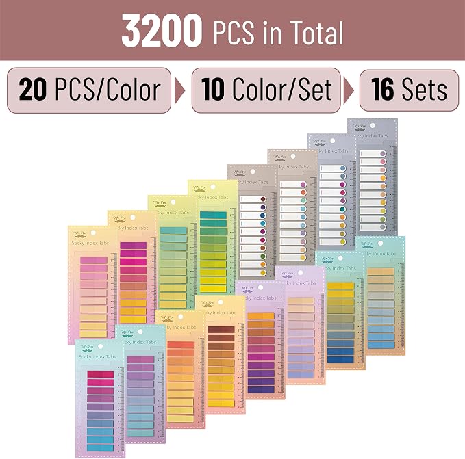 Mr. Pen- Colorful Sticky Tabs, 16 Sets, 3200 pcs, Translucent Page Markers | Water-Resistant Book Tabs for Annotating, Bible Study, Planning, Indexing & Document Organization