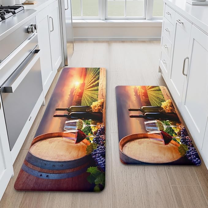 MAYHMYO Wine Country Kitchen Decor Mat Set, 2PC Kitchen Mats, Anti Fatigue | Wine Country Design,Cushioned Comfort,Non-Slip Backing,Waterproof Surface,Soft Underfoot,Easy Clean,Sink,Laundry Room