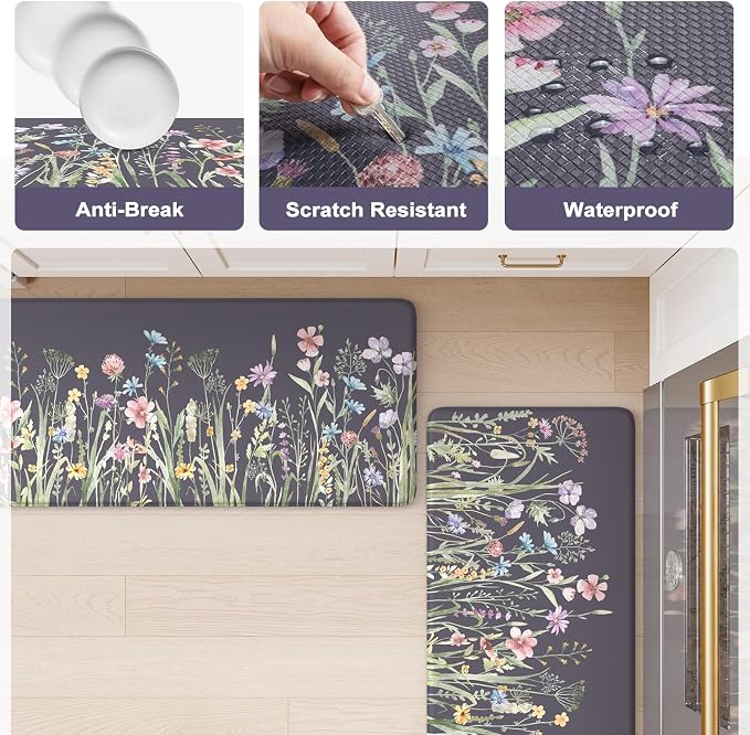 KIMODE Anti Fatigue Kitchen Mat for Floor, Farmhouse Kitchen Runner Rug | Non Slip Cushioned Kitchen Mat for Floor,Memory Foam Kitchen Mat for Laundry,Office,Sink,Dormitory Dark Gray Purple 17.3"x59"