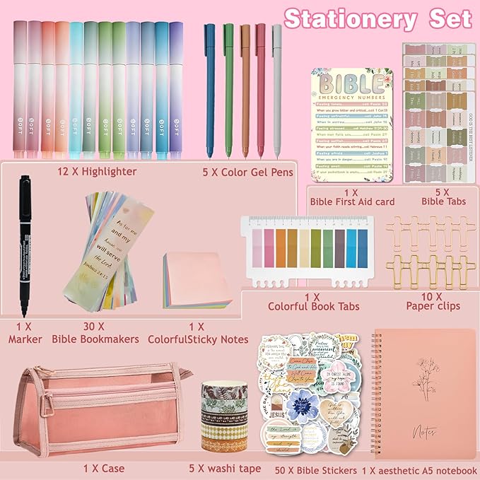 Bible Study Supplies Journaling Kit for Women,123PCS Bible Journaling Kit with Bible Tabs, Bible Highlighters and Pens, Bookmark, Notebook, Washi Tape, Bible Case, Back-to-School Gifts