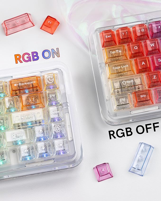 Keymatic Cherry Profile PC Transparent Keycaps, 123 Keys Dye-Sublimation Custom Keyboard Keycaps Shine Through Cute Rainbow Key Cap Set for Cherry MX Swithes Mechanical Keyboard(Only Keycap Set)
