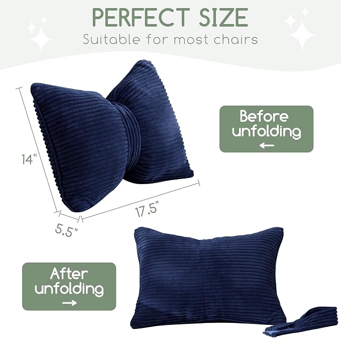 HIGOGOGO Lumbar Support Pillow for Recliner Chair, Bow Knot Shaped Back Support Cushion, Striped Corduroy Soft Decorative Lumbar Pillow for Office Chair, Sofa, Car, Bed, Living Room - Navy