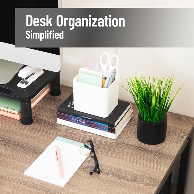 Mind Reader 2-Compartment Desktop Organizer, Removable Wood Divider, Non-Slip Base, Plastic and Wood, White