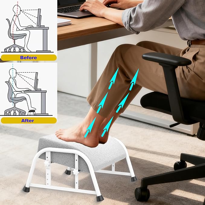 10-Level Adjustable Under Desk Footrest, XL White Metal Frame | Ergonomic under desk leg rest or desk foot rest. Home computer heavy duty office chair foot stool for gamers,work(White Plus)