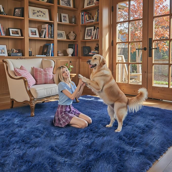 Area Rugs 9x12 Living Room, Large Area Rug Shaggy Carpet Soft Plush Furry Bedside Rug, Machine Washable Area Rugs for Bedroom Home Decor Non-Slip(9 x 12, Royal Blue)