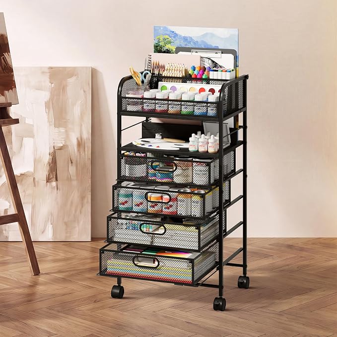 Rolling Art Cart with 4 Drawers, Black | Art Supplies Organizer, 5-Tier Storage, Adjustable Dividers, Anti-Pull Mesh Drawers, Metal Frame, 4 Casters with 2 Locks