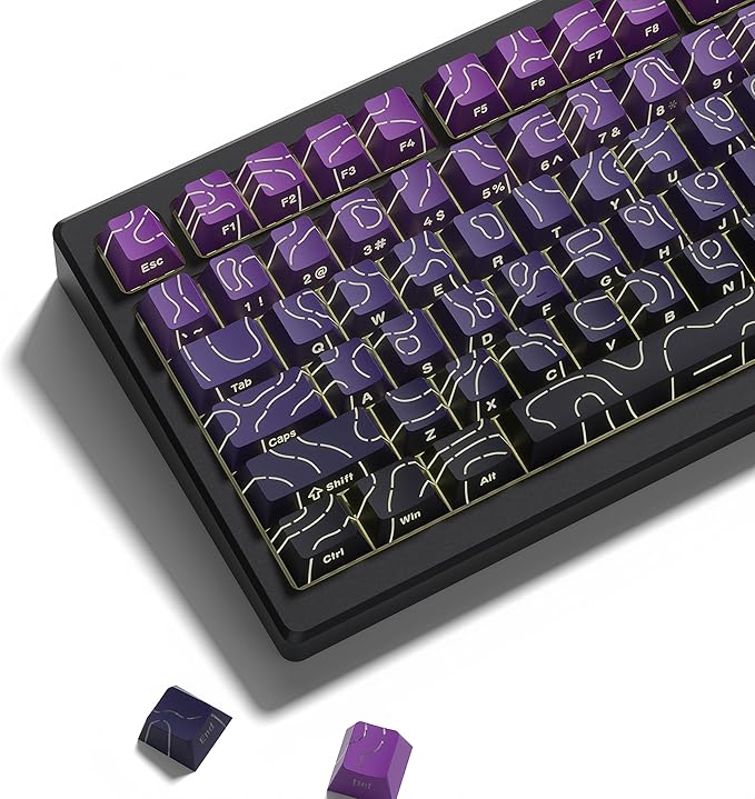 dagaladoo Topographic keycaps Line Backlit Gradient Purple keycaps Shine Through Keyboard Keys Side Printed Key caps Cherry Profile keycap Set for 61/64/66/68/71/75/84/87/100 Mechanical Keyboards