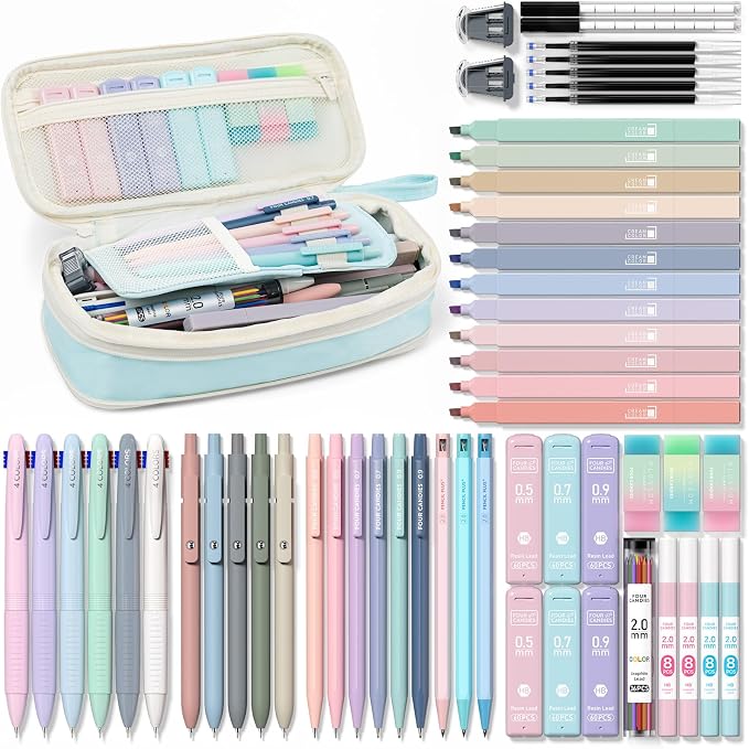 Four Candies 56 PCS Stationery Set, Cute Storage Case with Supplies, 6 Multicolor Pens, 12 Pastel Highlighters, 5 Gel Pens Black Ink, 9 Mechanical Pencils for College Essentials Stuff (Blue)