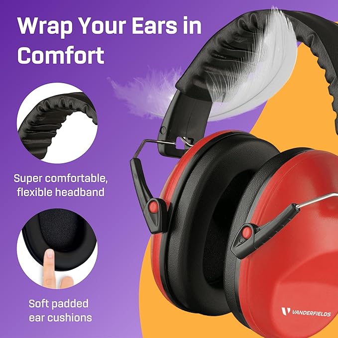 Vanderfields - Hearing Protection Ear Muffs - Over 33 dB (2K Hz) Broad Noise Cancelling Sound Reduction - Adults & Teens