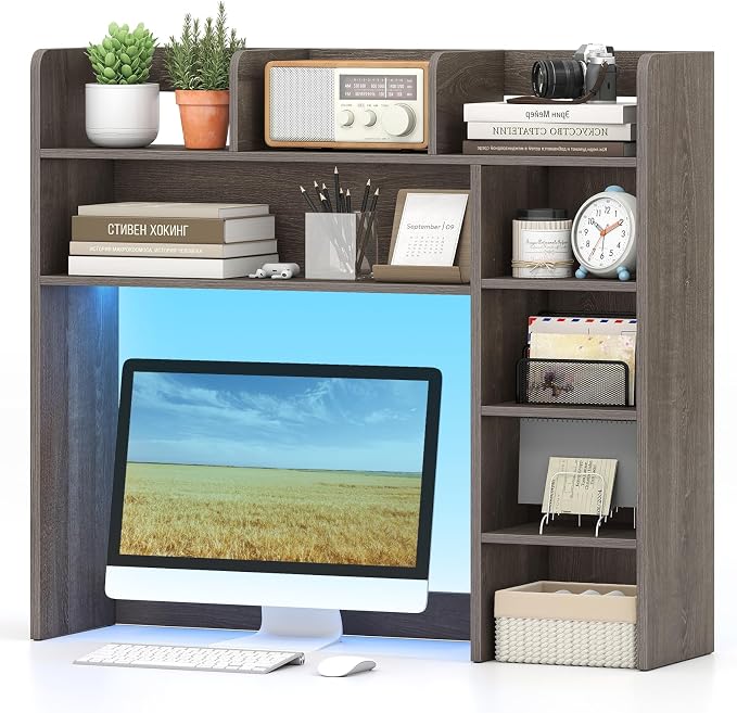 Tangkula Desktop Bookshelf with LED Lights, Desk Hutch with 8 Shelves for Max 25" Monitor, Desktop 5-Tier Display Rack, Multipurpose Wood Desktop Storage Hutch Organizer for Dorm Office Home (Grey)