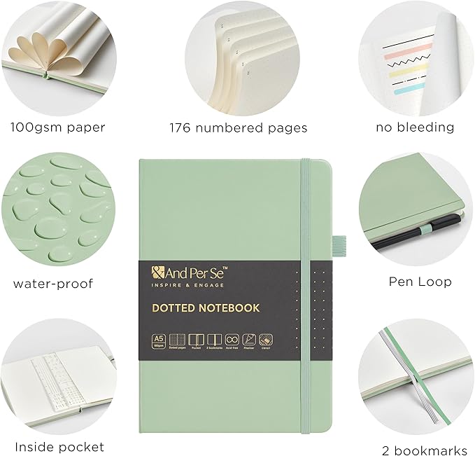 &And Per Se A5 Hardcover Dotted Notebook Kit for Beginners – 176 Numbered Pages, 100gsm Thick Paper, Includes Stencils & Fineliner Pen | Leather Bullet Journal with Templates, Lay Flat Design, Premium Gift for Women Men (Light Green)