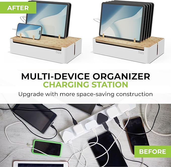 Prosumers Choice Bamboo Charging Station - Multi Charger Station Organizer - Desk Docking Station for Phones, Tablets, Laptop - Wooden Charging Station with Removable Dividers - Cables Not Included