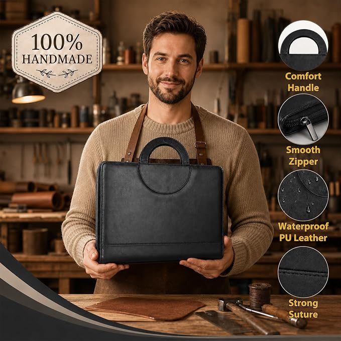 Darolin Vegan Leather Padfolio Portfolio with Handle, Zipper -Black | Business Portfolio Organizer for Meetings, Interviews, Travel, Resume, Clipboard Fits A4, Letter Size, Padfolio for Men Women