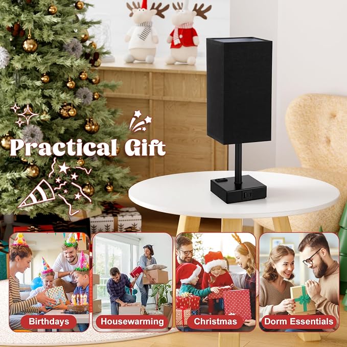 aooshine Black Bedside Lamp for Nightstand - Touch Table Lamp with Type C + A and AC Outlet, Square Charging Lamps for Bedroom Decor, Dorm Lamp for Men, E26 Bulb Included (3000K)