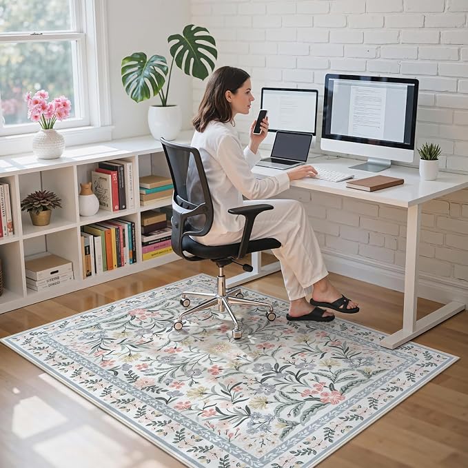 Anidaroel Office Chair Mat for Hardwood Floor/Tile Floor, 48"x60" Boho Floral Computer Chair Mats, Anti-Slip Beige Under Desk Rug for Office Home, Low Pile Floor Protector for Rolling Chair