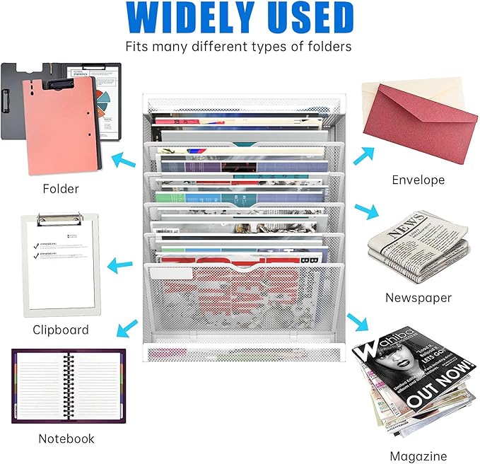 7 Tier Magnetic File Holder, No Drilling Wall File Organizer for File Cabinets Whiteboard Refrigerator,Office,Classroom, Hanging Paper Folder Holder, White