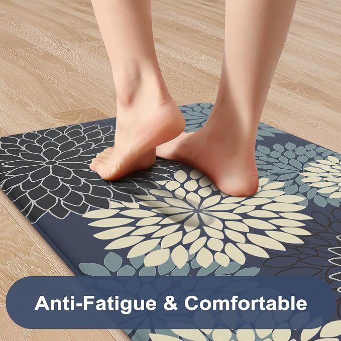 KIMODE Anti Fatigue Mats for Kitchen Floor Comfort Cushioned Rugs Sets of 2 | 20"x32"+20"x47",Blue,Floral Farmhouse, Waterproof,Ergonomic Standing Mat 2PCS,,Non Slip,Kitchen Sink Rug,Laundry Office