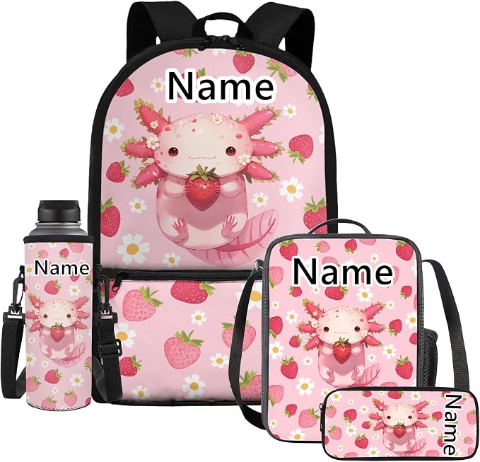WELLFLYHOM Custom Name Axolotl Girls Backpack Set 6-8 Kids School Book Bag Lunch Box Pencil Case Water Bottle Sleeve Strawberry Daisy Elementary Daycare Bag for School Back to School Gift