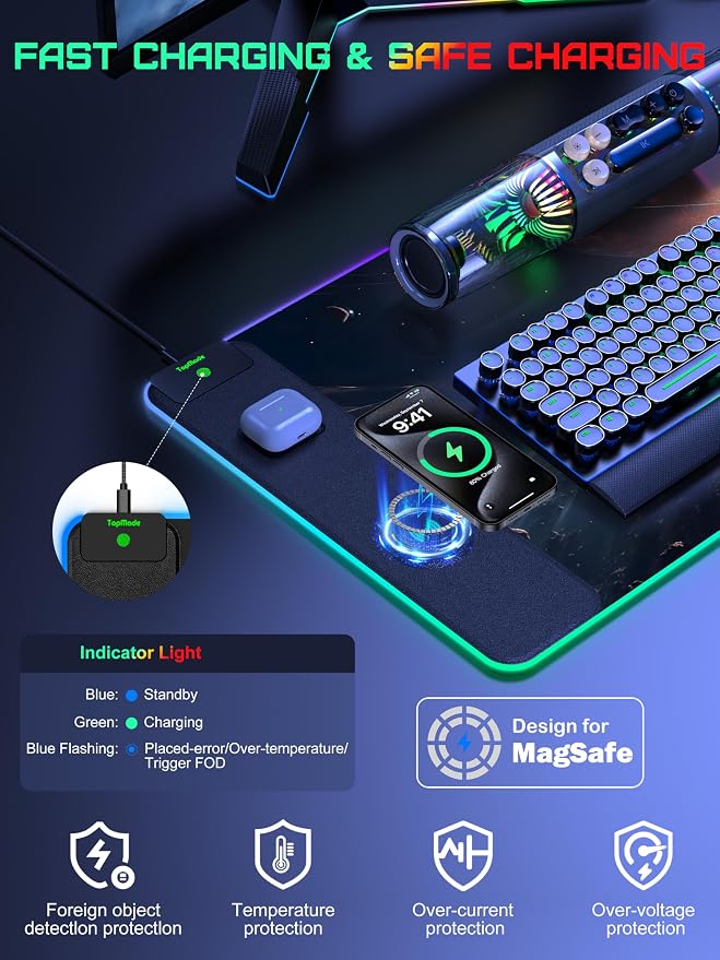 TopMade Wireless Charging Mouse Pad, RGB Gaming Mousepad Home Office Desk Pad, 31.5” x 15.8” Large Desk Mat, Waterproof Keyboard Pad, Cosmic Planet (Includes 20W PD Power Adapter & 6.56ft Woven Cable)