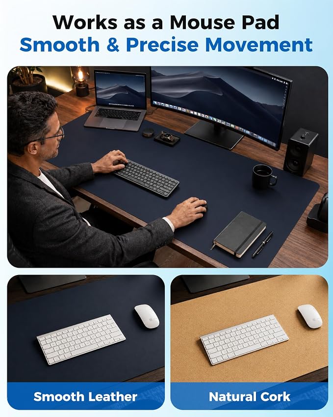 Aothia Dual-Sided Desk Mat, FSC Cork & PU Leather Desk Pad, Large Mouse Pad & Writing Surface for Full Desk Coverage, Non-Slip Waterproof Desk Protector - 47" x 23.6", Dark Blue