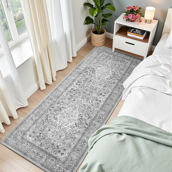 Grey Washable Vintage Runner Rug, 2x6 Boho Bedroom Area Rugs, Soft Non Slip Floral Entryway Carpet Runners, Indoor Low Pile Carpets for Kitchen Hallway Bedside
