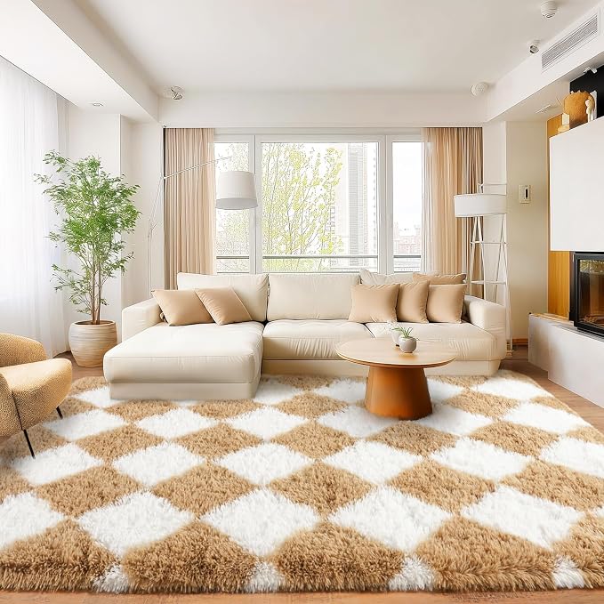 Area Rugs for Living Room Bedroom 8x10, Ultra Fluffy Shag Checkered Rug Modern Washable Carpet Soft Shaggy Non Slip Indoor Plush Fuzzy Rugs for Bedroom Dorm Office Home Aesthetic Decor, White Camel