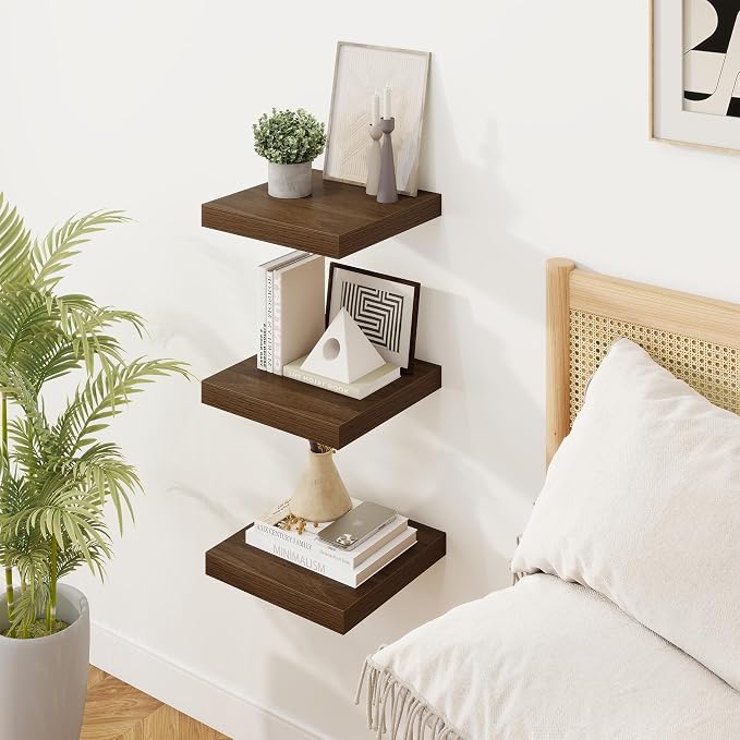 Marsmiles Square Floating Shelves for Wall, 8" W x 8" D x 1.25" H, 3 Pack Small Wall Mounted Engineered Wood Shelves with Invisible Brackets for Living Room, Bedroom, Bathroom, Kitchen Decor, Walnut