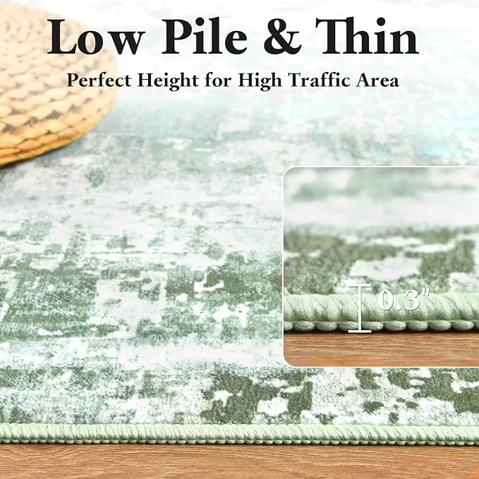 Macgace Washable Abstract Rug, 4x6 Modern Area Rugs with Non-Slip Rubber Backed for Living Room, Thin but Soft Contemporary Carpet Kitchen Bedroom Decor, Green