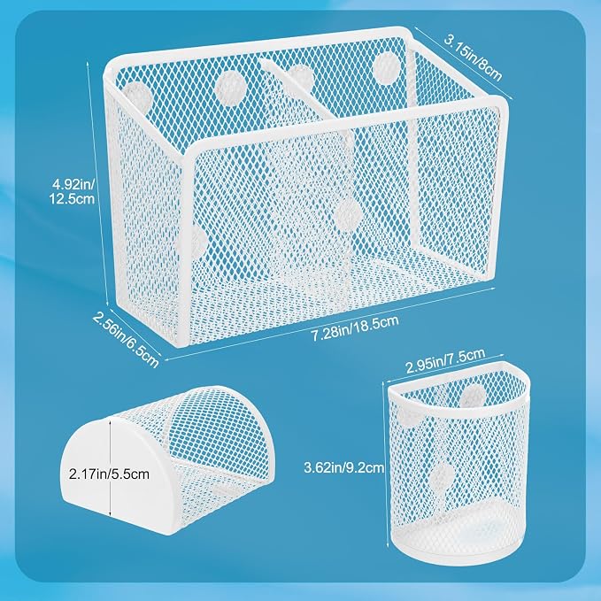 Sherr 3 Pcs Magnetic Pen Pencil Holder Set Magnets Wire Mesh Marker Holder Storage Basket for Locker Accessories Classroom Whiteboard Refrigerator and Home Wall, Macaron Color(White)