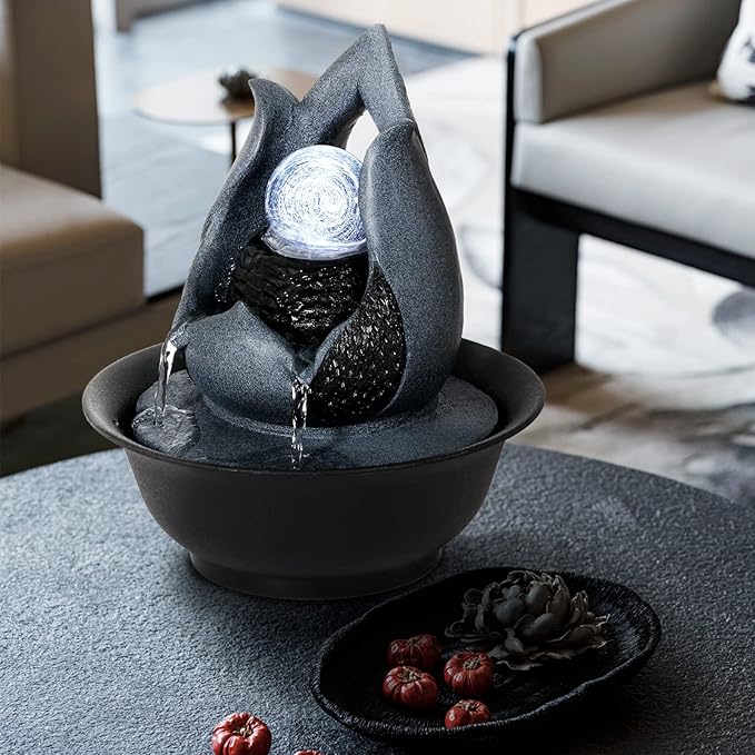 WICHEMI Indoor Water Fountain Tabletop Fountains with LED Rolling Ball, Feng Shui Zen Meditation Desktop Waterfall Fountains Calming Water Sound Relaxation Fountain for Home Bedroom Office (Style 12)