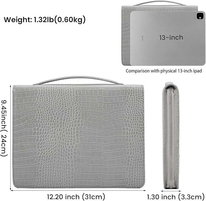 Professional Grey Leather Padfolio with Handle, 13-inch Tablet Holder Portfolio Binder, Minimalist Business Interview Folder, Croc-Pattern Zippered Document Organizer for Men Women