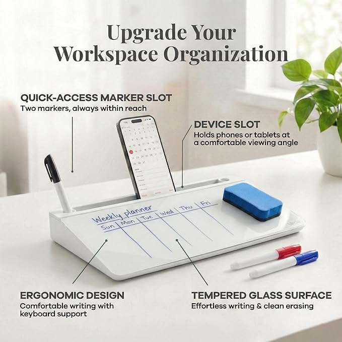Birch Desktop Glass Whiteboard with Magnetic Weekly Calendar – Dry Erase Board, Keyboard Stand, Hidden Storage, Adjustable Dividers, 3 Markers & Eraser – Office, Home, School – Cloud