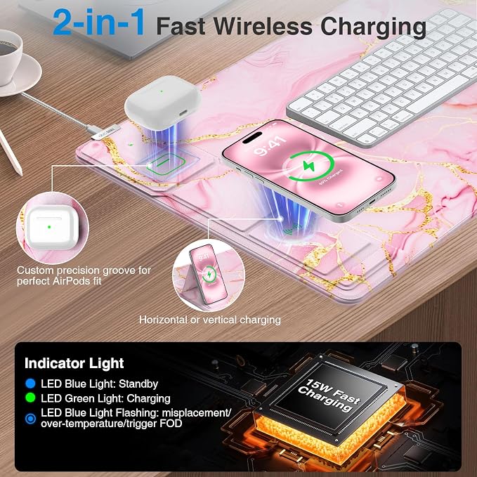 Wireless Charging Mouse Pad with Phone Holder, 31.5"x15.8" in, Pink Marble | Large Desk Mat for Laptop/Keyboard, Waterproof Ultra-Smooth Surface, Non-Slip Base