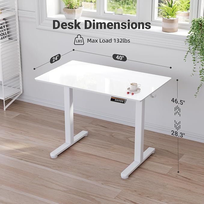 Claiks Glass Standing Desk, 40x24 Inch, Black | Adjustable Height, Tempered Glass Top, Stand Up, Quick Install, 3 Memory Presets