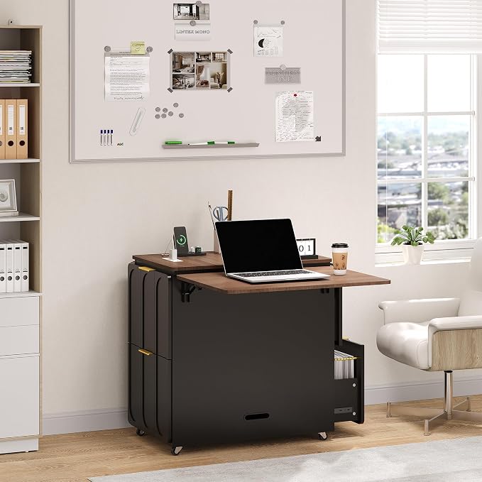 ModernMate 3-in-1 Folding Desk & File Cabinet, Fluted Multi-Storage Workspace with 4 Drawers, Lockable Wheels | Power Outlet | Fits A4/Letter Files, Space-Saving for Small Home Office, Black Walnut