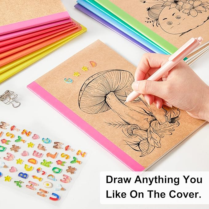feela 48 Pack Composition Notebooks Bulk, Kraft Cover Lined Blank College Ruled Composition Travel Journals with Rainbow Spines For Women Students Business, 60 Pages, 8.3”x 5.5”, A5, 8 Colors