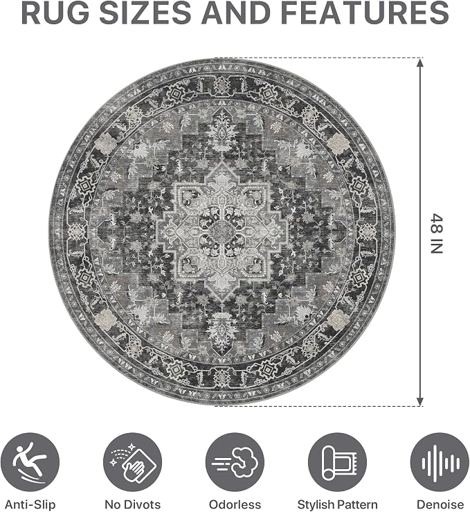 Office Chair Mat for Hardwood Tile Floor, Under Desk Carpet Protector for Rolling Computer Chair Mat, Round Washable Rugs 4ft Circle Area Rug, Anti-Slip 1/5" Thick Low Pile Thin Floor Mat, Black