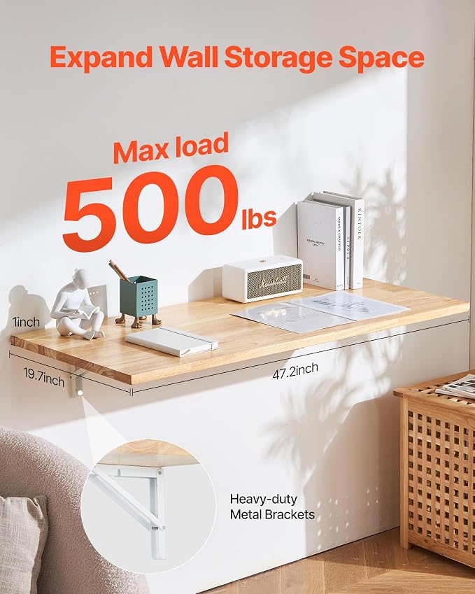 VEVOR Wall Mounted Folding Table, 47.2 x 19.7 inches Wall Mount Table, Floating Desk with Iron Bracket, Fold Down Desk for Small Spaces, Home Office, Dining, Laundry Room, Kitchen, Bar, Burlywood