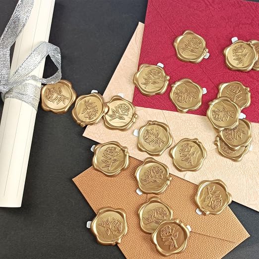 50 Pcs Gold Rose Wax Seal Stickers, Rose Envelope Wax Seal, Wedding Invitation Accessories, Easy to Use Gold Envelope Stickers with Good Adhesion