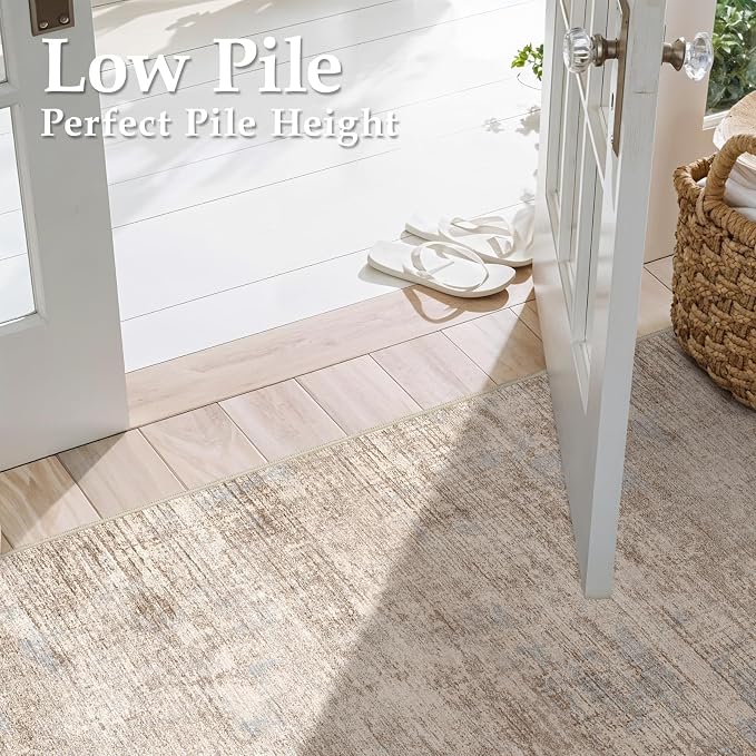 3x12 Hallway Washable Runner Rug - Non-Slip Kitchen Rugs with Rubber Backing Abstract Low-Pile Carpet Runners for Laundry Room Home Decor Bedroom Bathroom Entryway (Ivory Beige Distressed,3x12)