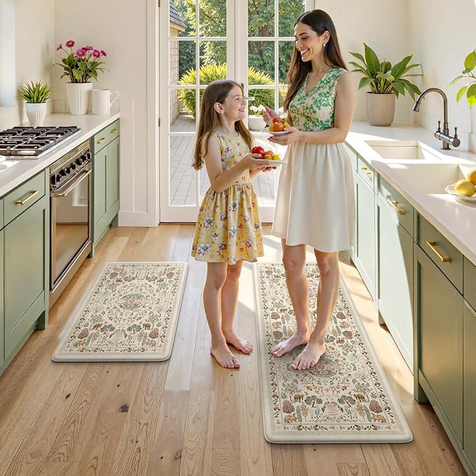 KIMODE Anti Fatigue Kitchen Mats 17"x47"+17"x29", Vibrant Floral Kitchen Rugs Sets of 2, Cushioned Non Skid Kitchen Mats for Floor, Comfort Kitchen Floor Mats for Sink Laundry Desk Beige