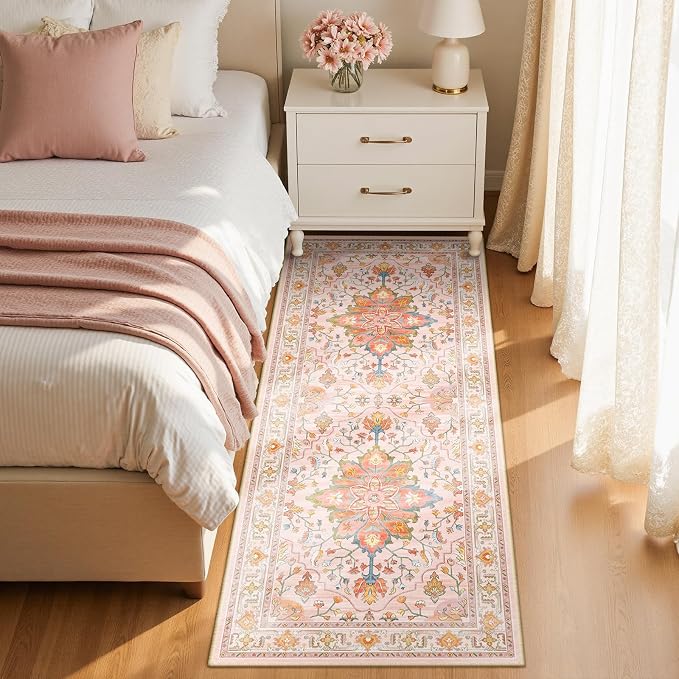 RELEANY Area Rugs Runner 2'x5' Washable Non-Slip, Floral Vintage Distress Medallion Carpet for Kitchen Hallway Bedroom Beside Laundry Room Bathroom, Light Pink Colorful