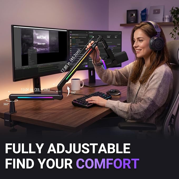 FIFINE Microphone Boom Arm with Controllable RGB, Adjustable Low Profile Mic Stand with Desk Mount Clamp,Cable Management, Screw Adapter for Gaming, Podcast, Streaming, Studio-BM88Pro