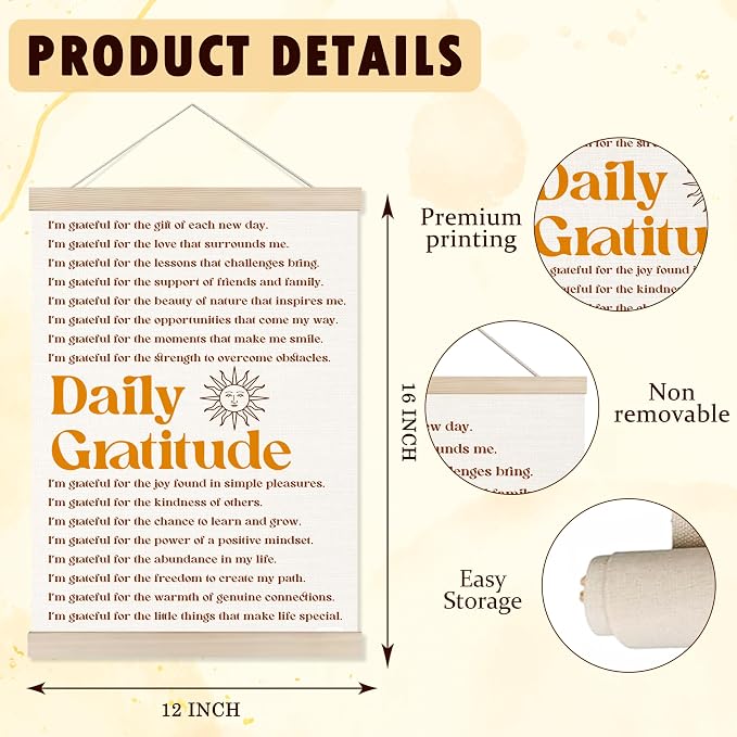 Welshower Vintage Daily Gratitude Positive Affirmations Poster Hanger Frame, Retro Motivational Wall Art Prints Decor for Home Bedroom Dorm Office Yoga Studio Framed, 12x16 Inch