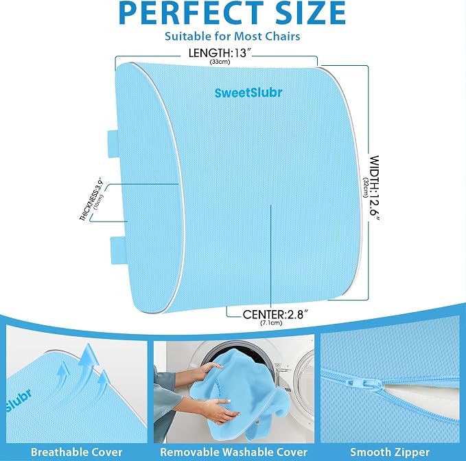 SweetSlubr Lumbar Support Pillow for Office Chair, Car & Gaming Chair, Ergonomic Memory Foam Cushion for Back Comfort, Zoned Back Support, Double Adjustable Straps,Breathable Washable Cover,Light Blue