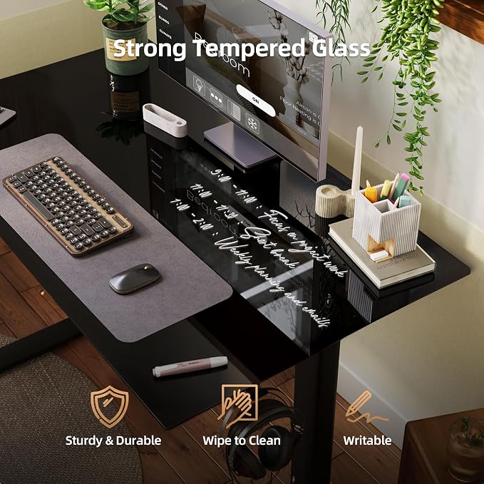 INNOVAR 48×24 Inch Black Glass Standing Desk with Drawers | Tempered Glass Top, Ergonomic, Adjustable Height, Stand Up Desk,4 Memory Presets