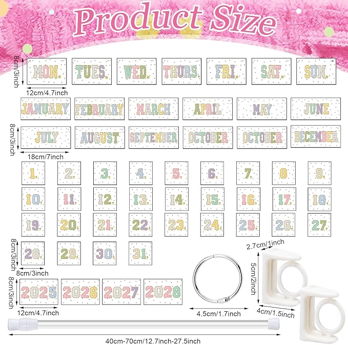TecUnite Chenille Calendar Bulletin Board Set Classroom Bulletin Board Decor 54 Date Cards Colorful Embroidery Flip Calendar with Adjustable Holder for Back to School Supplies