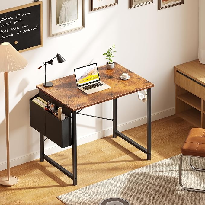 OLIXIS Small Computer Desk, 31 Inch Home Office Desks, Writing Study Craft Work Gaming Table, Computer Workstation for Bedroom Small Spaces with Storage Bag and Headphone Hook, Rustic Brown